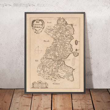 Ancienne carte du comté de Dublin par Petty, 1685 : Dublin, Swords, Malahide, Skerries, Blackrock, Clondalkin 