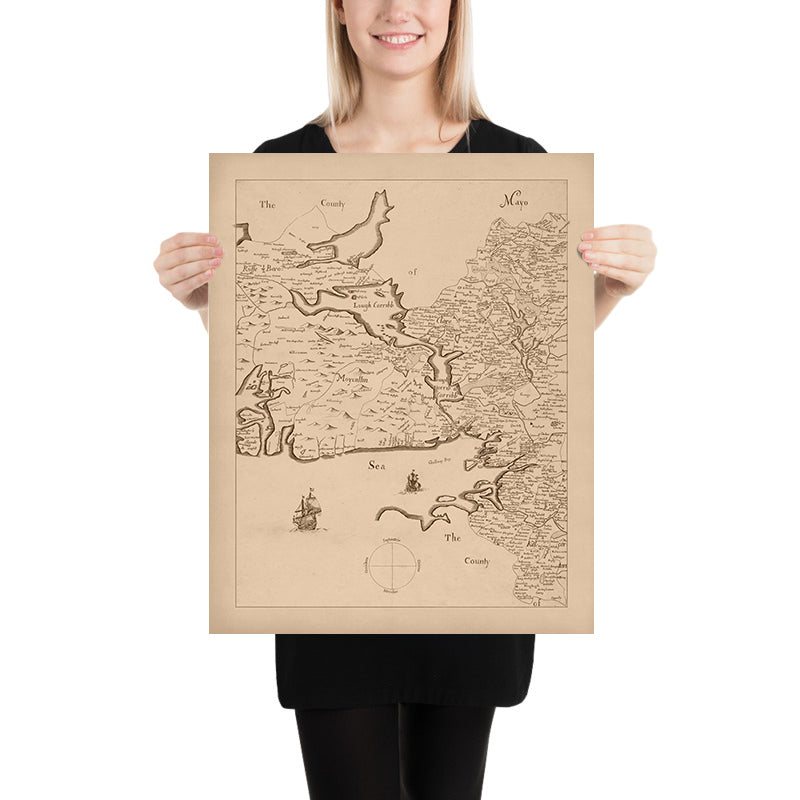 Mappa antica della Contea di Galway, 1685: Galway, Connemara, Lago Corrib, Abbazia di Kylemore, Isole Aran 