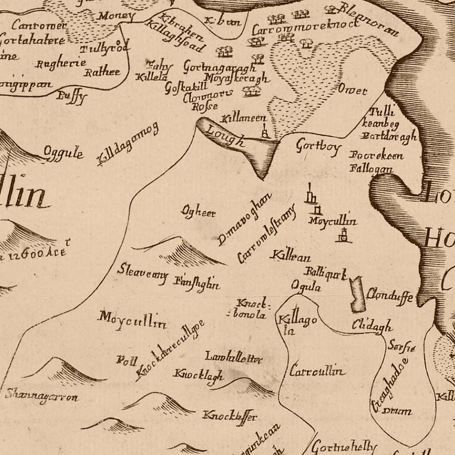 Mappa antica della Contea di Galway, 1685: Galway, Connemara, Lago Corrib, Abbazia di Kylemore, Isole Aran 