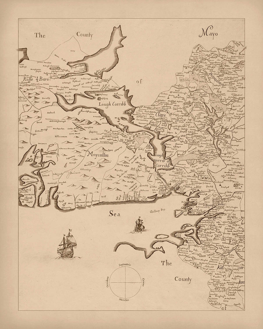 Mappa antica della Contea di Galway, 1685: Galway, Connemara, Lago Corrib, Abbazia di Kylemore, Isole Aran 