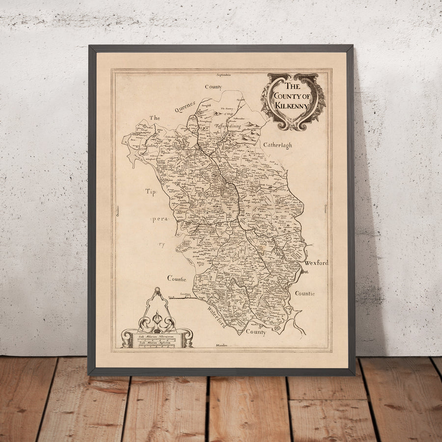 Antica mappa della contea di Kilkenny di Petty, 1685: Kilkenny, Callan, Thomastown, Abbazia di Jerpoint, Castello Nero 