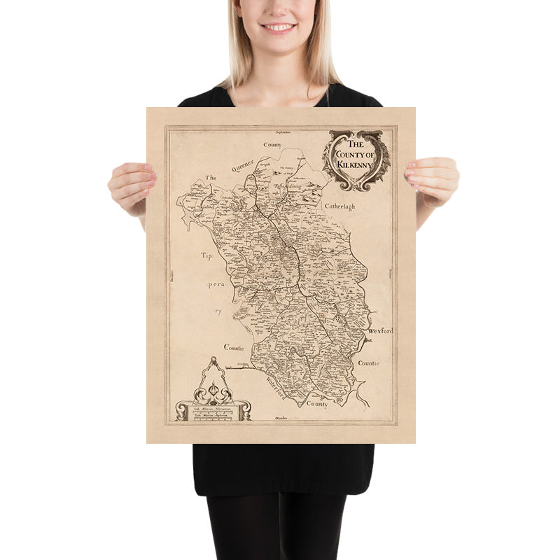 Antica mappa della contea di Kilkenny di Petty, 1685: Kilkenny, Callan, Thomastown, Abbazia di Jerpoint, Castello Nero 