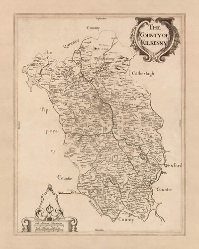 Mapa antiguo del condado de Kilkenny por Petty, 1685: Kilkenny, Callan, Thomastown, Jerpoint Abbey, Black Castle