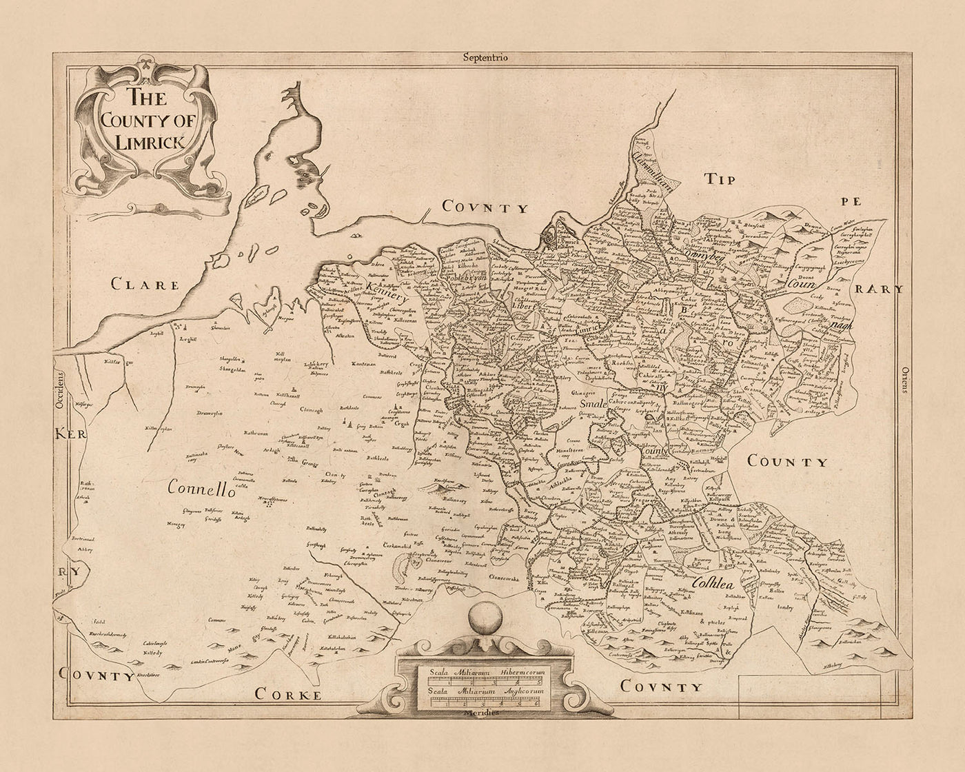 Ancienne carte du comté de Limerick par Petty, 1685 : Limerick, Newcastle West, Rathkeale, le château du roi Jean, le château de Desmond