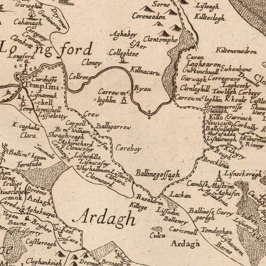 Mappa antica della contea di Longford di Petty, 1685: Kenagh, Lanesborough, Ballymahon, Edgeworthstown, Abbeyshrule 