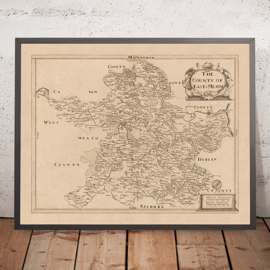 Mappa antica della Contea di Meath (Meath Orientale) di Petty, 1685: Trim, Navan, Kells, Ashbourne, Drogheda, Skerries 