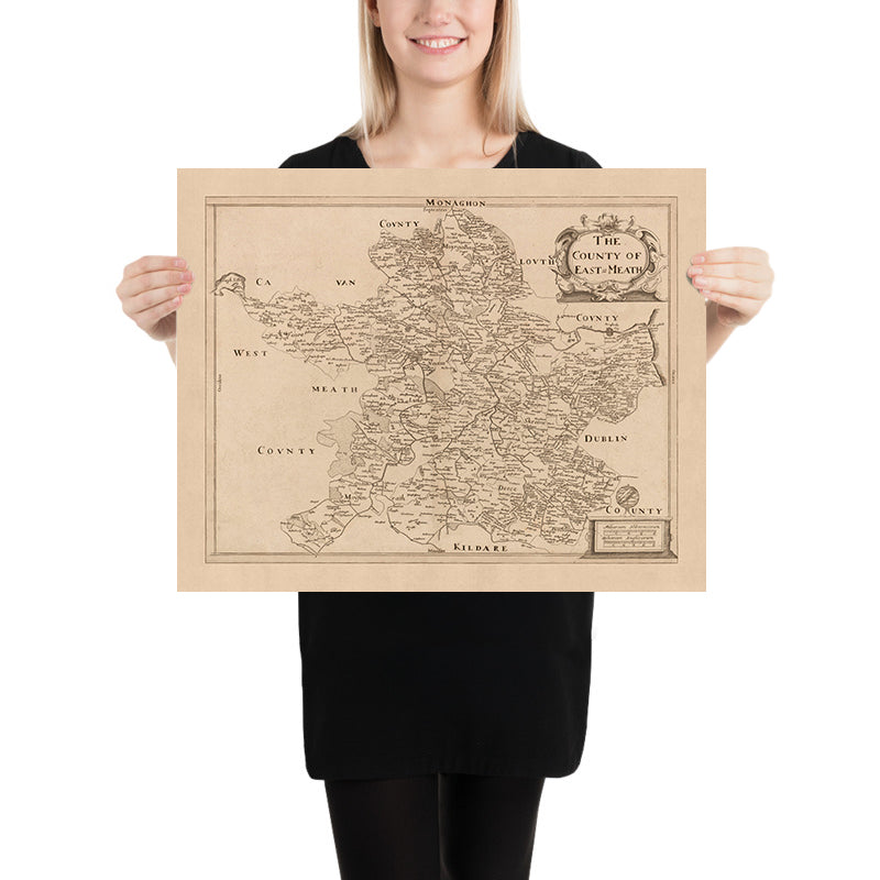 Mappa antica della Contea di Meath (Meath Orientale) di Petty, 1685: Trim, Navan, Kells, Ashbourne, Drogheda, Skerries 