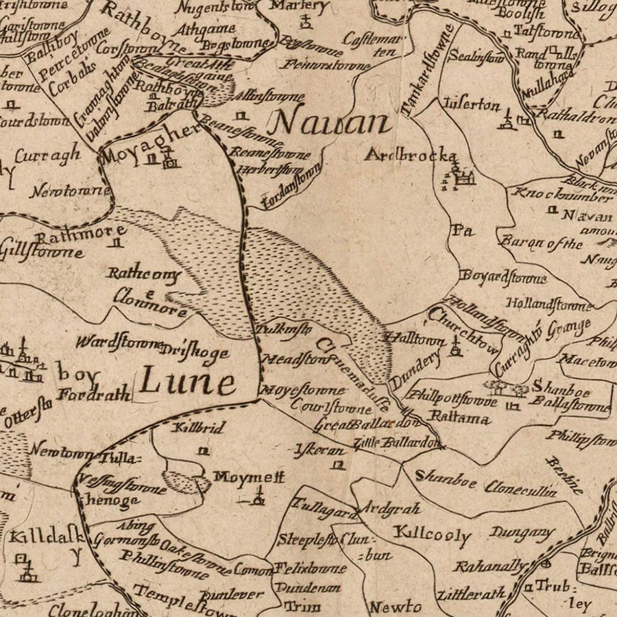 Mappa antica della Contea di Meath (Meath Orientale) di Petty, 1685: Trim, Navan, Kells, Ashbourne, Drogheda, Skerries 