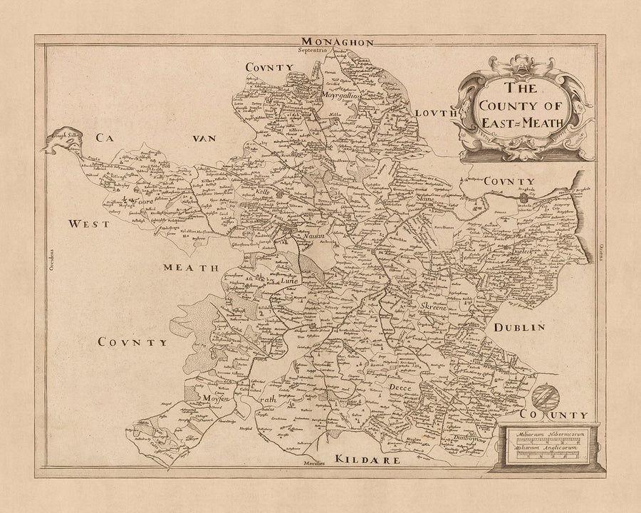 Mappa antica della Contea di Meath (Meath Orientale) di Petty, 1685: Trim, Navan, Kells, Ashbourne, Drogheda, Skerries 