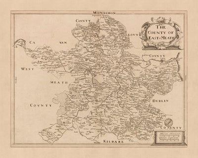 Ancienne carte du comté de Meath par Petty, 1685 : château de Trim, fort de Navan, prieuré de Kells, colline de Tara, bataille de Tara