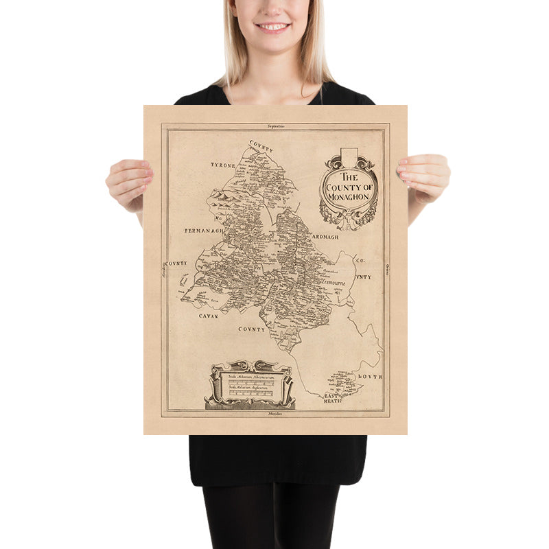 Antica mappa della contea di Monaghan, 1685: Monaghan, Glaslough, Castleblaney, Clones, Ballybay 