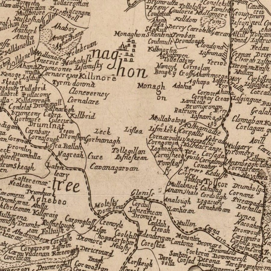 Antica mappa della contea di Monaghan, 1685: Monaghan, Glaslough, Castleblaney, Clones, Ballybay 