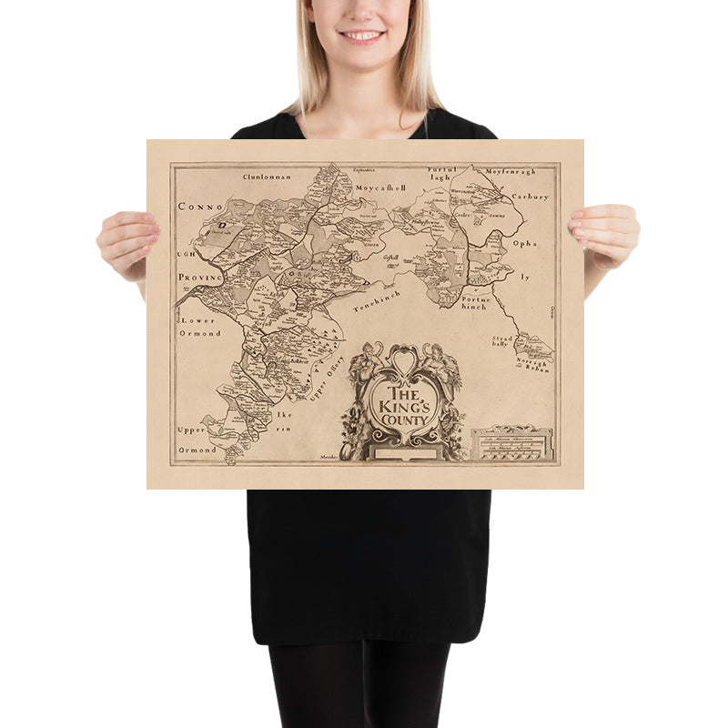 Mappa antica della Contea di Offaly (Contea del Re) di Petty, 1685: Tullamore, Birr, Shinrone, Banagher, Clara 