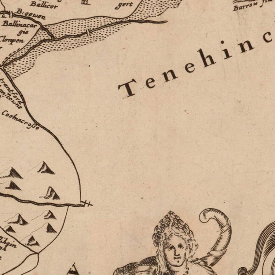 Mappa antica della Contea di Offaly (Contea del Re) di Petty, 1685: Tullamore, Birr, Shinrone, Banagher, Clara 