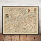 Mapa antiguo del condado de Hainaut y arzobispado de Cambrai por Visscher, 1690: Charleroi, Mons, Cambrai, Parc l'Avesnois, Parque Scarpe-Escaut