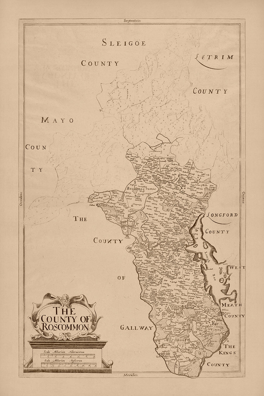 Vecchia mappa della contea di Roscommon di Petty, 1685: Athlone, Boyle, Strokestown, Ballinlough, Tulsk 