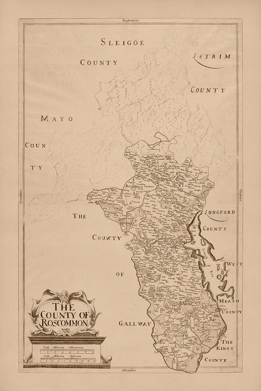 Ancienne carte du comté de Roscommon par Petty, 1685 : Athlone, Boyle, Roscommon, Strokestown, détails politiques et physiques
