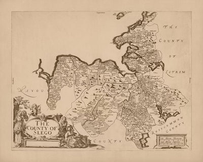 Ancienne carte du comté de Sligo par Petty, 1685 : Sligo, Knocknarea, Lough Gill, Benbulben, Ox Mountains