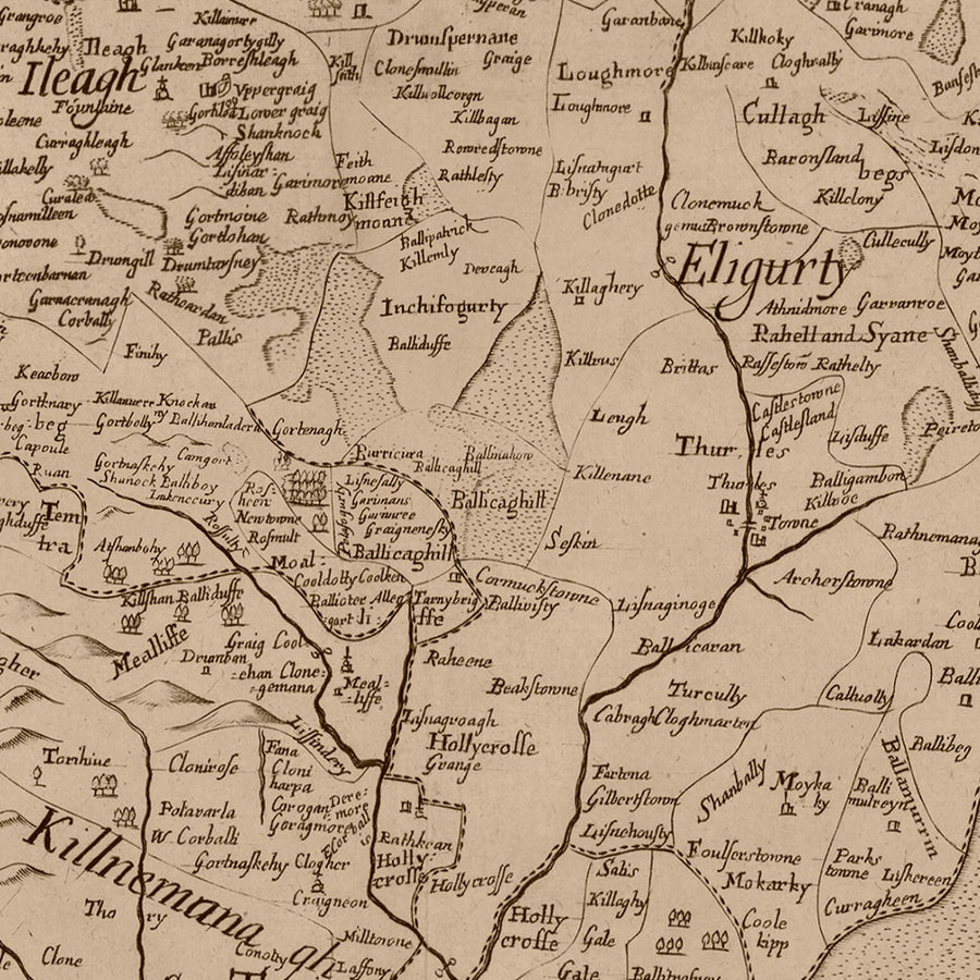 Mappa antica della contea di Tipperary di Petty, 1685: Cashel, Clonmel, Fethard, Nenagh, Roscrea 