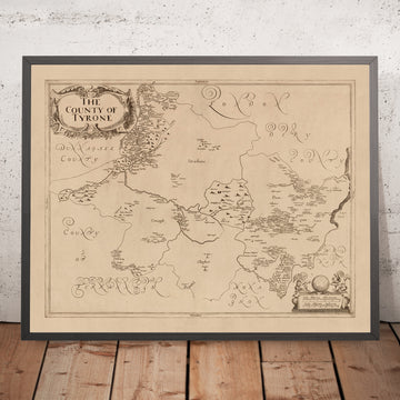 Mapa antiguo del condado de Tyrone por Petty, 1685: Strabane, Omagh, montañas Sperrin, canal del Ulster, lago Neagh