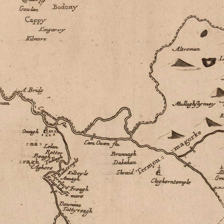 Mappa antica della Contea di Tyrone di Petty, 1685: Strabane, Omagh, Monti Sperrin, Canale dell&