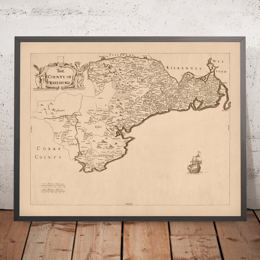 Antica mappa della contea di Waterford di Petty, 1685: Waterford, Lismore, Tallow, Youghal, Cappoquin 