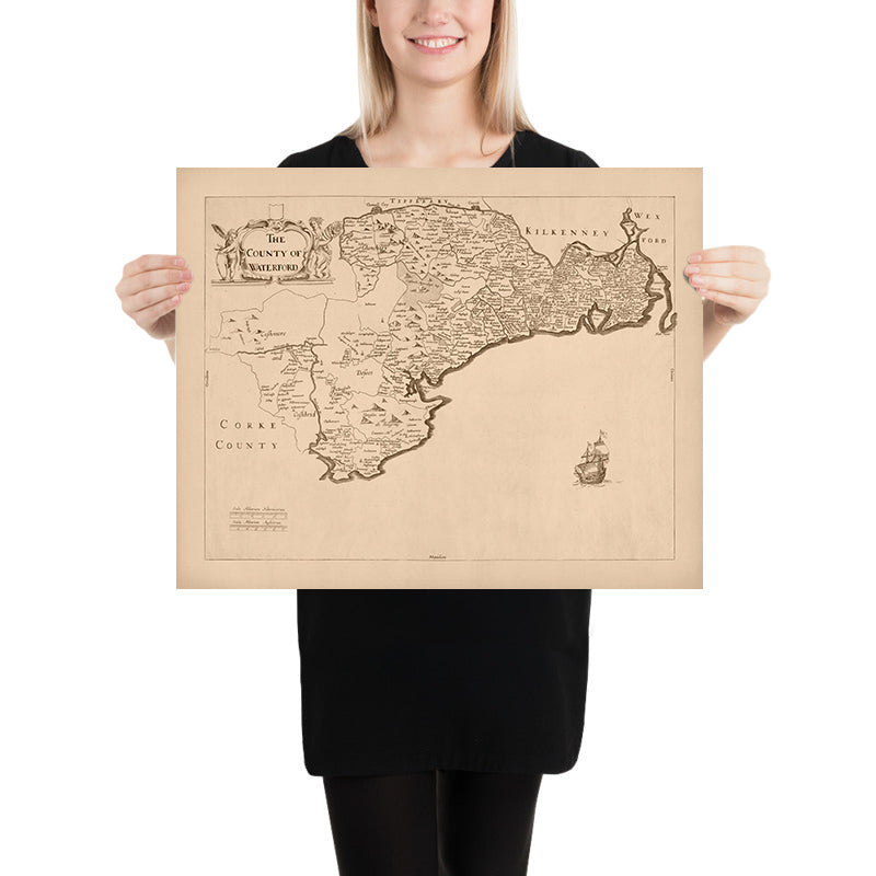 Antica mappa della contea di Waterford di Petty, 1685: Waterford, Lismore, Tallow, Youghal, Cappoquin 