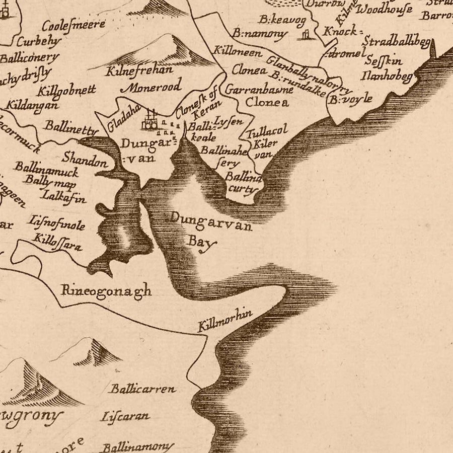 Antica mappa della contea di Waterford di Petty, 1685: Waterford, Lismore, Tallow, Youghal, Cappoquin 