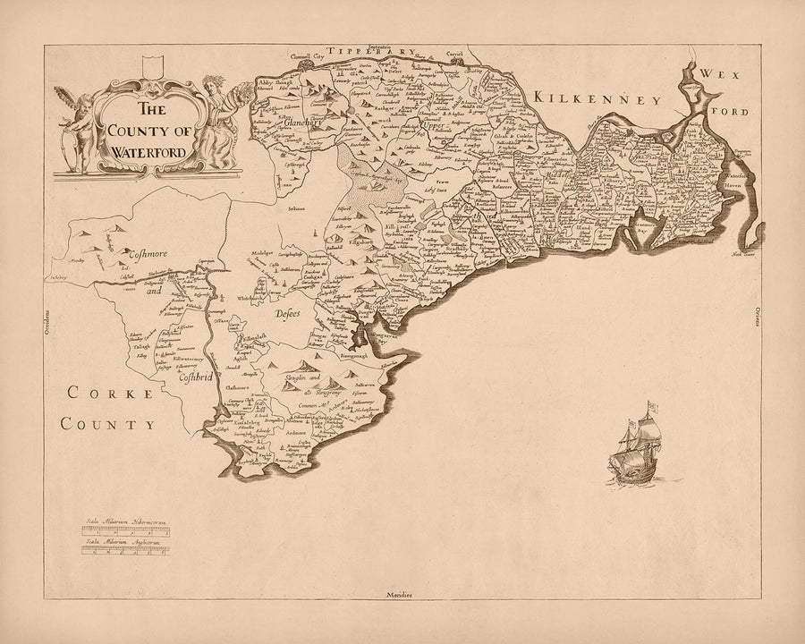 Antica mappa della contea di Waterford di Petty, 1685: Waterford, Lismore, Tallow, Youghal, Cappoquin 