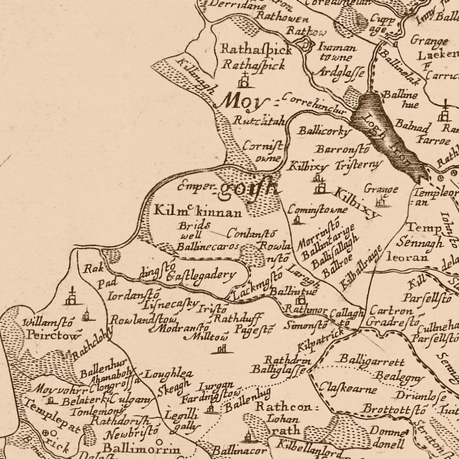 Mappa antica della Contea di Westmeath di Petty, 1685: Athlone, Mullingar, Delvin, Kinnegad, Moate 