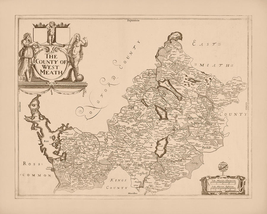 Mappa antica della Contea di Westmeath di Petty, 1685: Athlone, Mullingar, Delvin, Kinnegad, Moate 