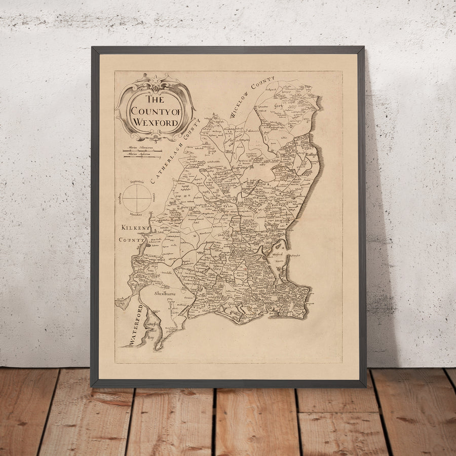 Mappa antica della Contea di Wexford di Petty, 1685: Clonmines, Enniscorthy, New Ross, Bannow, Duncormick 
