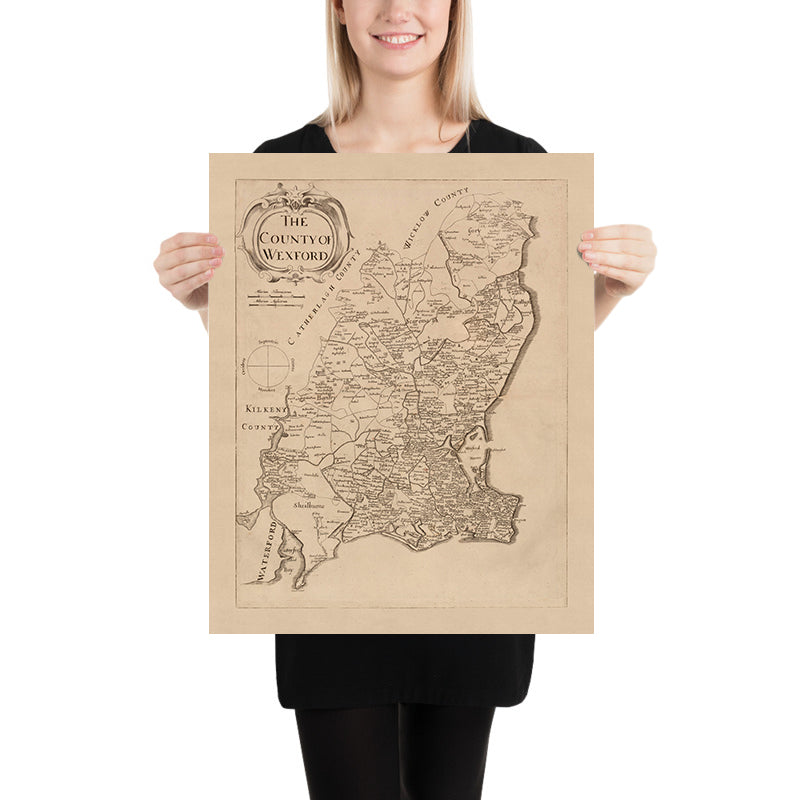 Mappa antica della Contea di Wexford di Petty, 1685: Clonmines, Enniscorthy, New Ross, Bannow, Duncormick 