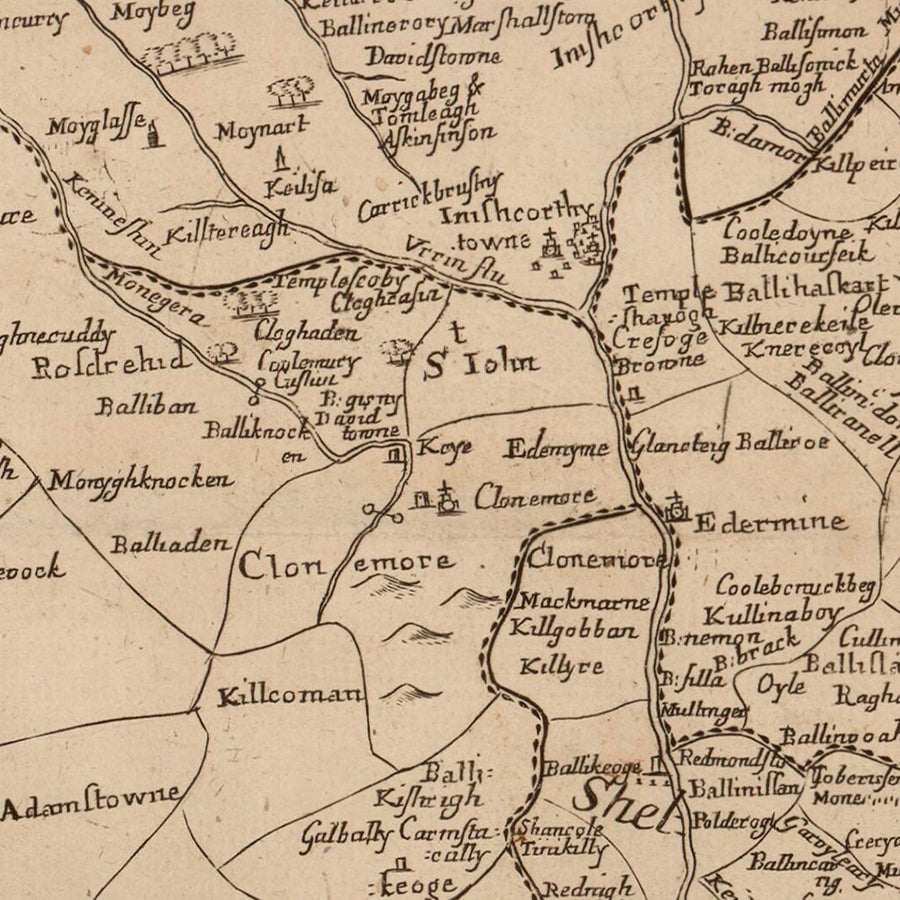 Mappa antica della Contea di Wexford di Petty, 1685: Clonmines, Enniscorthy, New Ross, Bannow, Duncormick 