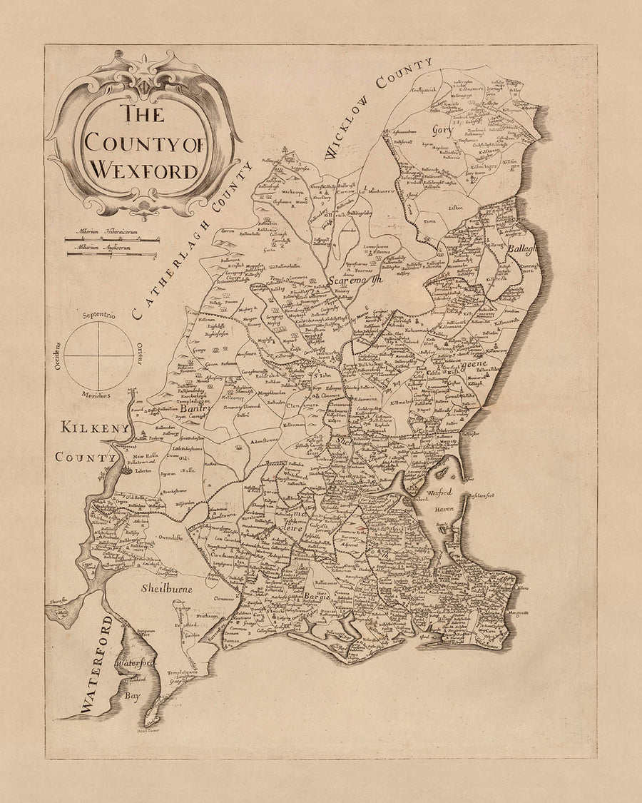 Mappa antica della Contea di Wexford di Petty, 1685: Clonmines, Enniscorthy, New Ross, Bannow, Duncormick 
