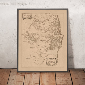 Mapa antiguo del condado de Wicklow por Petty, 1685: Montañas Wicklow, Glendalough, Arklow, Bray, Blessington