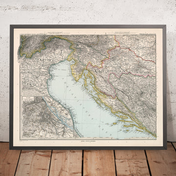 Ancienne carte de la Croatie et de la Bosnie par Adolf Stieler, 1894 : mer Adriatique, côte dalmate et montagnes Velebit