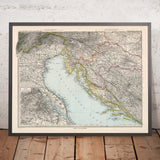 Mapa antiguo de Croacia y Bosnia de Adolf Stieler, 1894: mar Adriático, costa dálmata y montañas Velebit