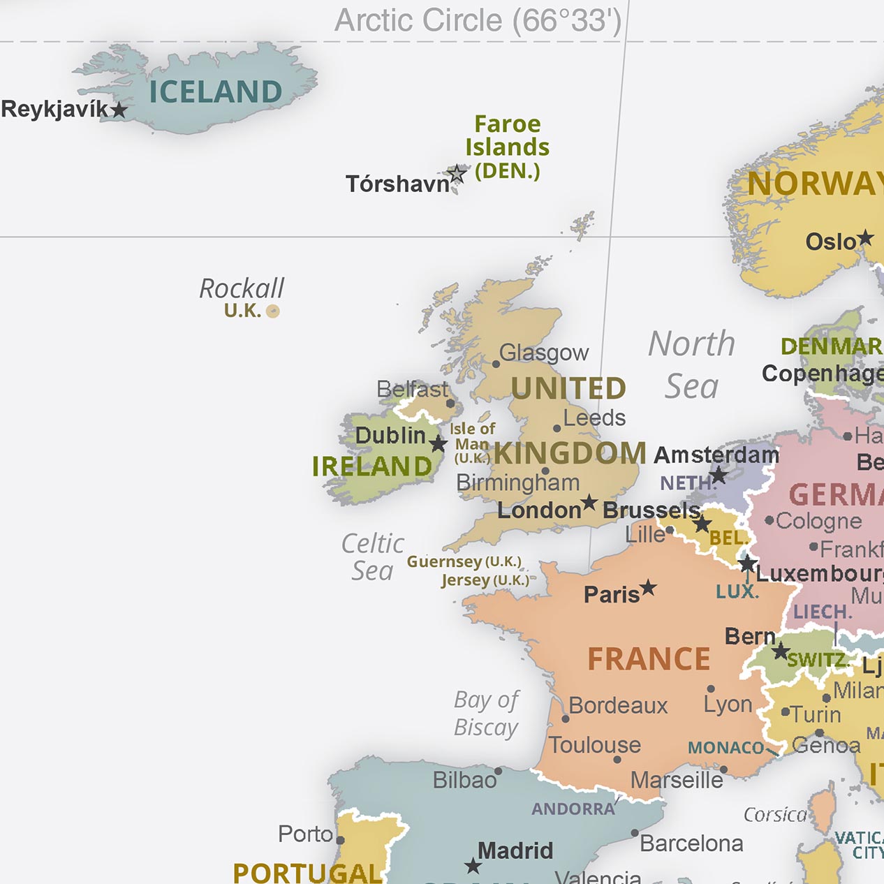 Límites políticos del mapa del Viejo Mundo, 2023: CIA, proyección Robinson, capitales y ciudades principales