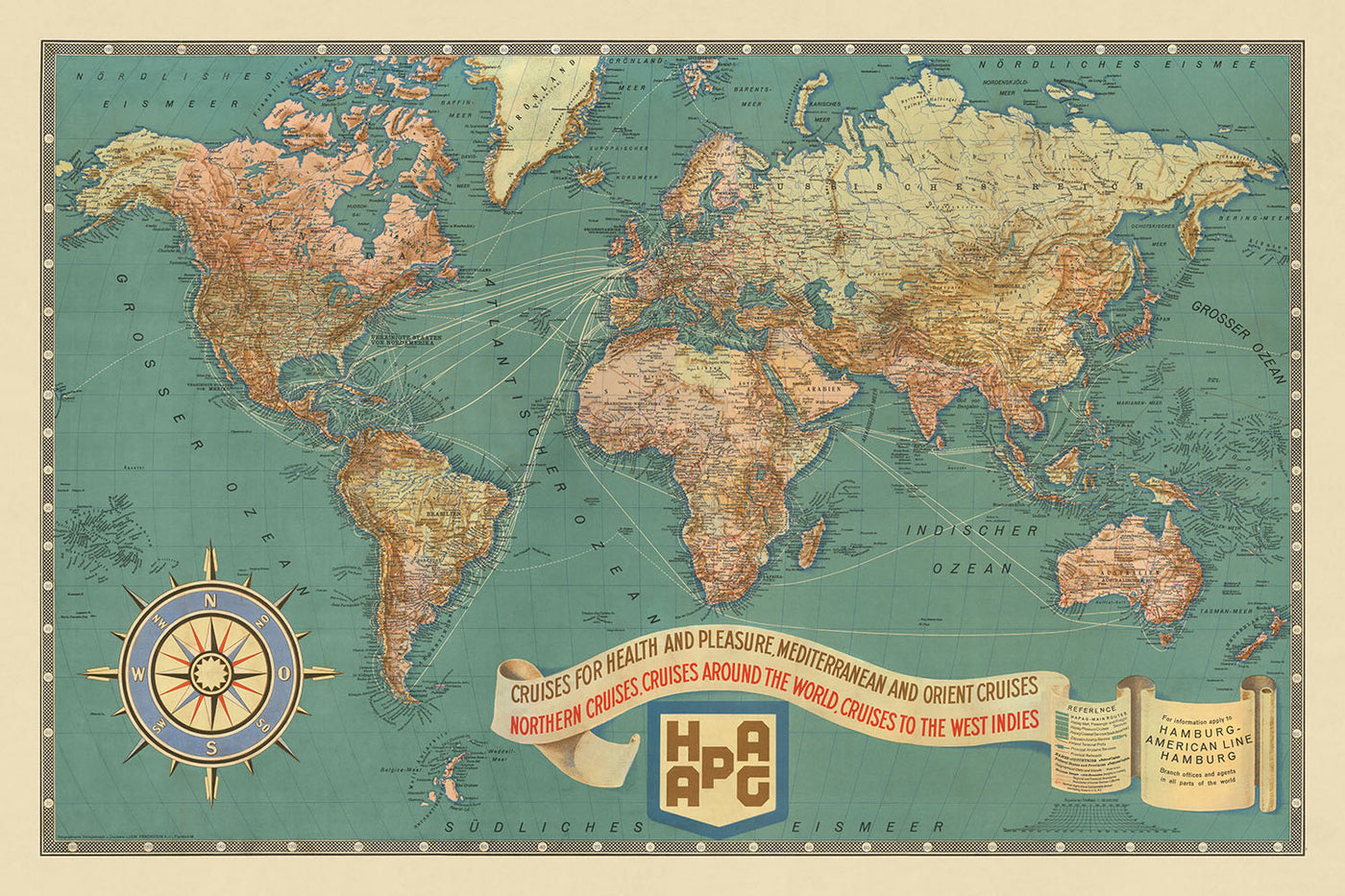 Alte Weltkarte Kreuzfahrten & Luftschiffrouten, 1931: HAPAG, Zeppelinrouten, Detailzeichnung