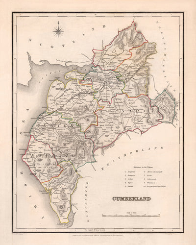 Ancienne carte de Cumberland par Samuel Lewis, 1844 : Carlisle, Whitehaven, Workington, Penrith et Keswick