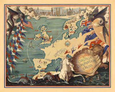 Mapa ilustrado antiguo del crucero de coronación del Cunard Caronia, 1953: Londres, París, Roma, Gibraltar, Atenas