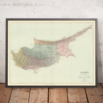 Old Map of Cyprus by Stanford, 1904: Nicosia, Troodos Mtns, Ancient Sites, Bays, Districts