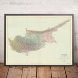 Mapa antiguo de Chipre de Stanford, 1904: Nicosia, montañas de Troodos, sitios antiguos, bahías, distritos