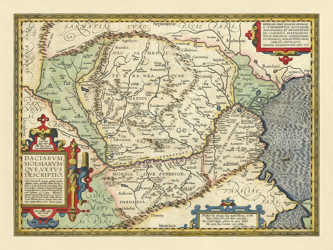 Mapa antiguo de Rumanía y Bulgaria de Ortelius, 1603: río Danubio, montes Cárpatos, mar Negro, Sarmizegetusa, Tracia