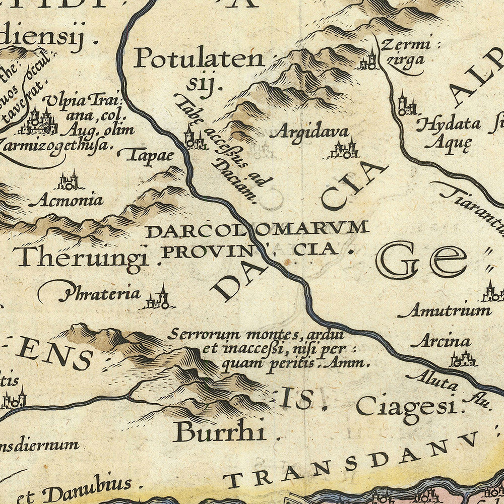 Alte Karte von Rumänien und Bulgarien von Ortelius, 1603: Donau, Karpaten, Schwarzes Meer, Sarmizegetusa, Thrakien