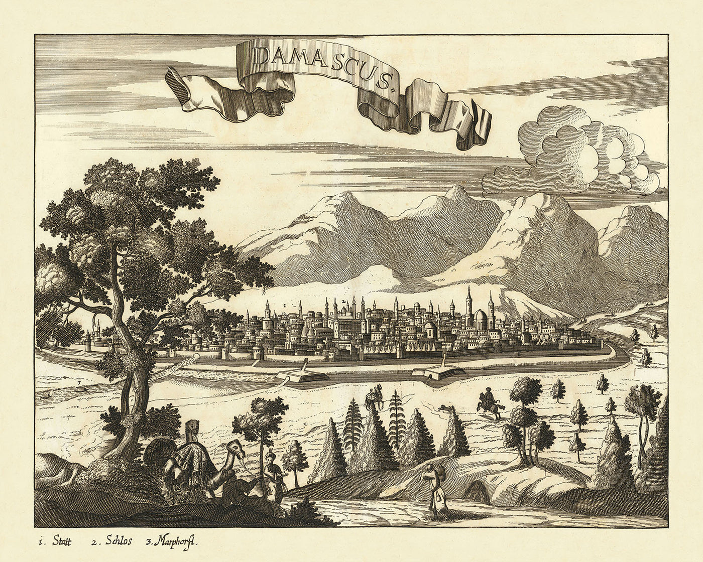 Old Birdseye Map of Damascus by Koppmayr, 1684: Domes, Minarets, Mountains, Greenery, Human Activities