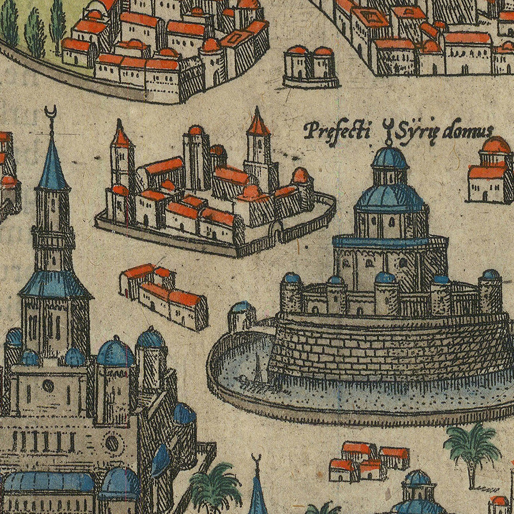 Antiguo mapa a vista de pájaro de Damasco por Braun & Hogenberg, 1599: murallas fortificadas, mezquitas, vía Recta, montañas, vías navegables