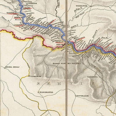 Alte Europakarte, 1843: Donau, Dampfschiffe, Österreich, Ungarn, Rumänien
