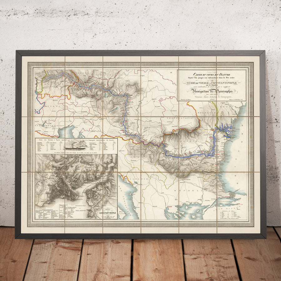Mappa della rotta del battello a vapore del Danubio, 1843: Dalla Baviera al Mar Nero, Austria, Ungheria, Romania 